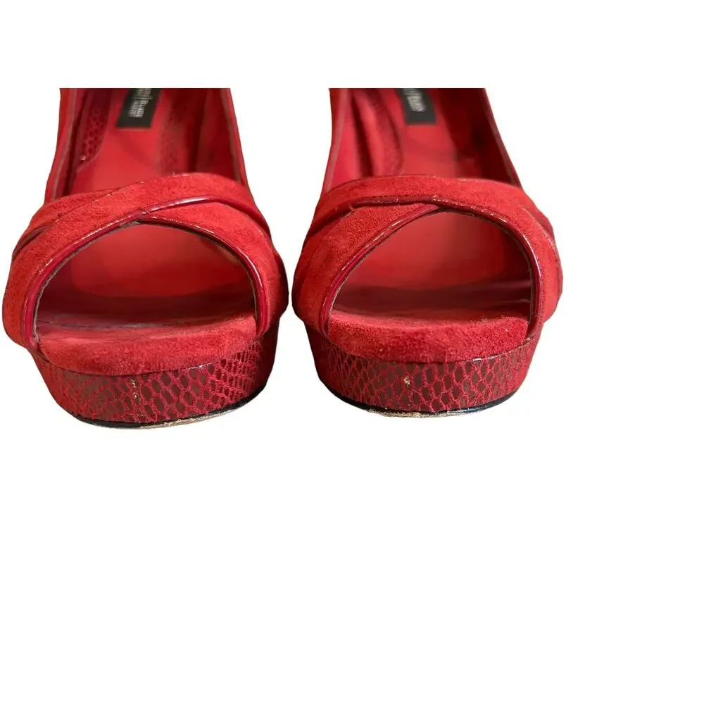 White House Black Market WHBM Red Suede Platform Open Toe Heels 7.5